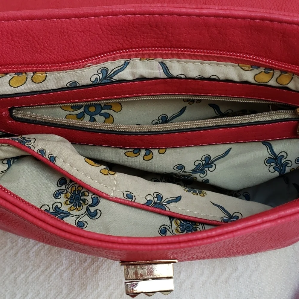 RED studded-embellished lipstick red vegan leather shoulder bag